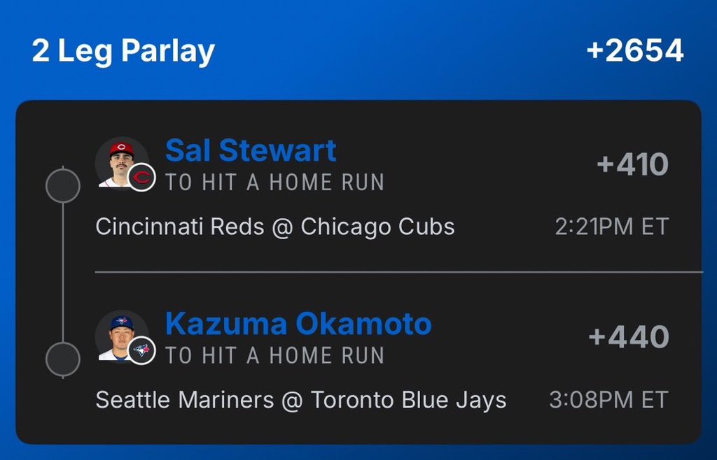 BetWithMaya_'s tweet photo. Stewart + Okamoto HR parlay (+2654) π Letβs get it. #GamblingX #MLB #BettingX #MLBTips
@Playbook https://t.co/DOhYBgit4L