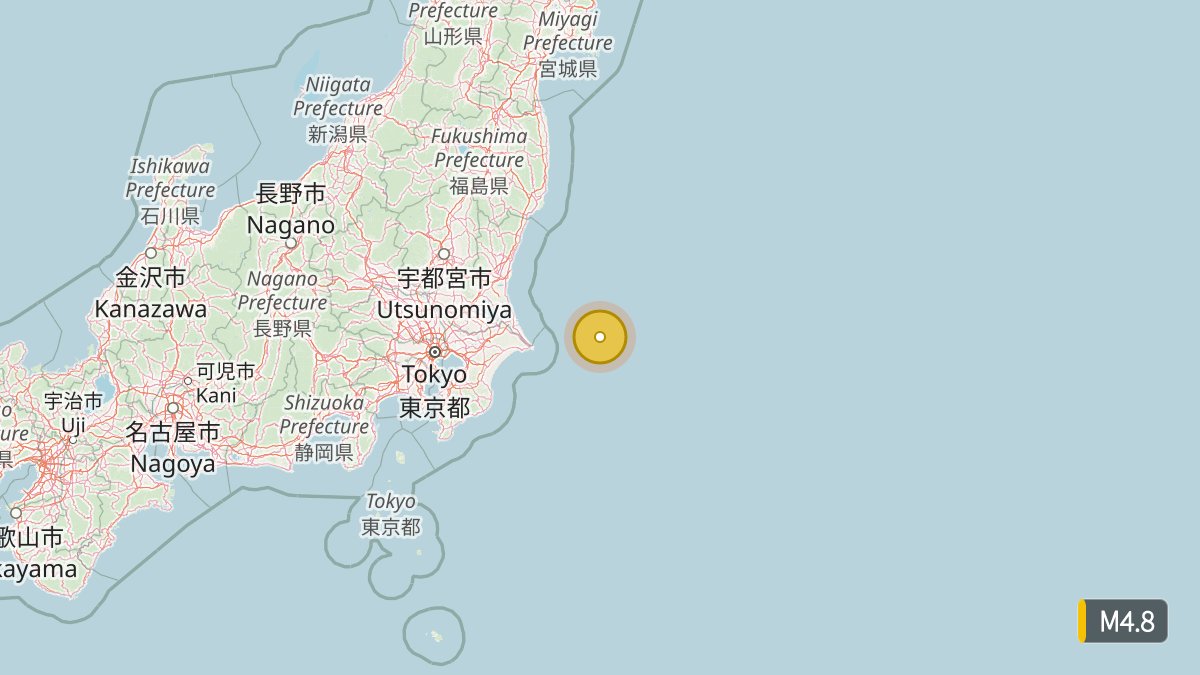 Pacific's tweet photo. Small M4.8 earthquake in the Pacific - Off the east Coast of Chiba Prefecture, depth 30 km. Max JMA intensity 4. Aug 30 00:17 local time (5m ago).
https://t.co/y9seHEODBj https://t.co/HdBfIUGdcy