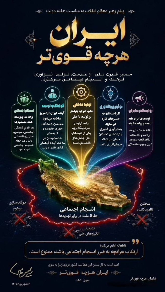 baneh1992's tweet photo. ایران قوی، فقط یک شعار نیست؛ یک مسیر است، مسیری که با تلاش و امیدِ ما ساخته می‌شود.
#لبیک_یا_خامنه_ای https://t.co/7w67nJmmNm