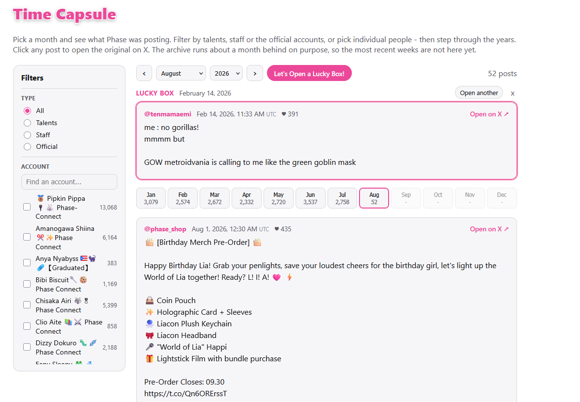 BlackZiploc_'s tweet photo. Seeing everyone retweet 2022 tweets made me realize... we don't have a good way to interact with the past anymore.

Today I'm launching new fun games on my site!

Who Phase'd It? - A "Who Tweeted this?" game
Phasle - Every day is Phase
and Time Capsule - Every tweet ever https://t.co/4raWbRqbIX