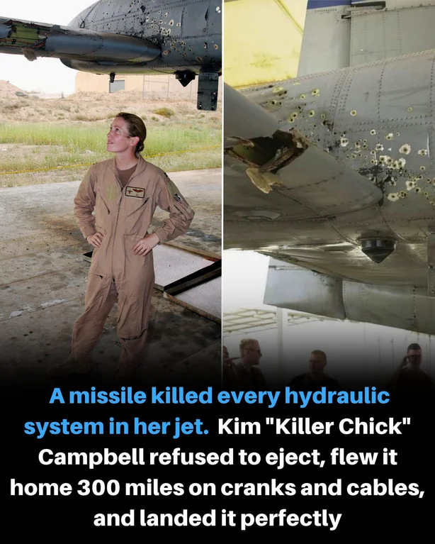 Rainmaker1973's tweet photo. On 7 April 2003, then-Capt. Kim “KC” Campbell, call sign tied to the nickname “Killer Chick,” was flying an A-10 Thunderbolt II on a close air support mission over Baghdad. After attack runs to help U.S. troops, her jet was hit. The best-supported account is a surface-to-air missile or heavy anti-aircraft fire that tore into the tail and fuselage and knocked out both hydraulic systems at once.

The A-10 rolled left and pointed at the city. The stick went dead. She chose not to eject over Baghdad and switched to manual reversion, the A-10’s mechanical backup of cables, pulleys, and cranks. The jet responded and climbed away. 

With her flight lead, Lt. Col. Rick “Bino” Turner, she flew the damaged aircraft roughly an hour south to a friendly base (often given as about 300 miles or about 300 nautical miles, depending on the source). She had no normal brakes, speed brakes, or nosewheel steering.

The landing succeeded. She used emergency/alternate braking. Fellow A-10 pilots later said the landing was exceptionally good for a jet with no hydraulics. Ground crews found extensive damage: a large hole in the tail, engine damage, and many shrapnel holes. She received the Distinguished Flying Cross.