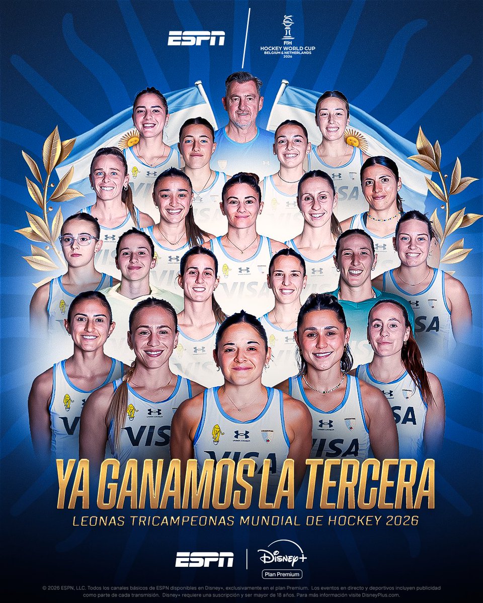 SC_ESPN's tweet photo. 🇦🇷🏆🏑 ¡CORONADAS DE GLORIA! ¡LAS LEONAS VENCIERON A PAÍSES BAJOS EN LOS PENALES Y SON CAMPEONAS DEL MUNDO POR TERCERA VEZ EN SU HISTORIA! 🇦🇷🏆🏑

📺 Todos los partidos de #HWC2026 en Disney+ Plan Premium https://t.co/cD9FpUd7qG