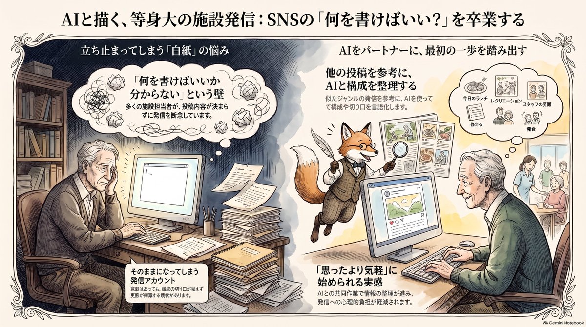 chikaworkai's tweet photo. SNSの投稿ってやっていますか？施設系はやっているかもしれませんね。

何を書けばいいのか分からなくて、そのままの方もいるのではないでしょうか。

同じような発信をしている人の投稿を参考に、構成や切り口をAIと整理してみたら、思ったより気軽に始められます。

#AI活用 #SNS投稿作成 https://t.co/U0b2AD6O9A