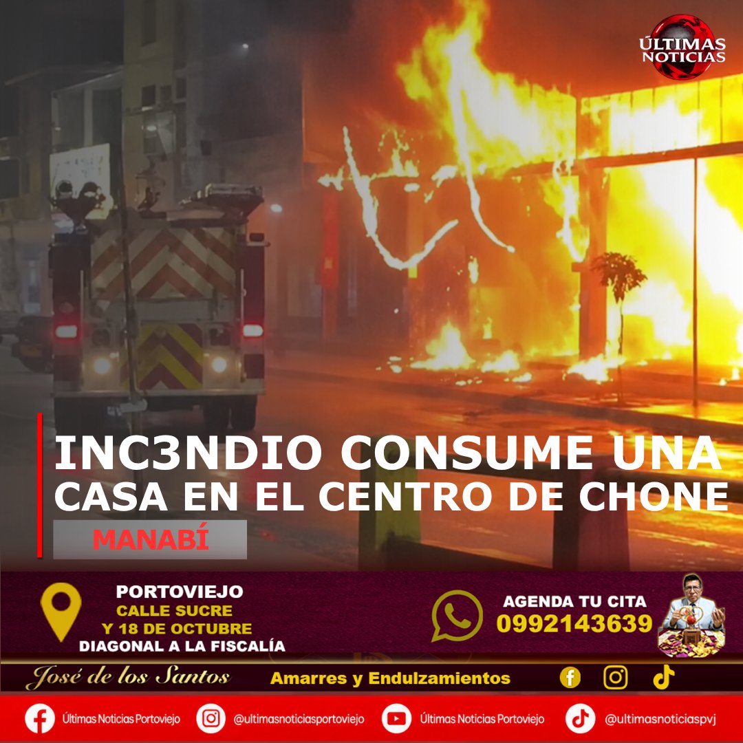 PortoviejoN's tweet photo. Inc3ndio consume una casa en el centro de Chone
#CHONE #MANABÍ
Un inc3ndio estructural se registró aproximadamente a las 21:40 de este viernes 28 de agosto de 2026, en una vivienda ubicada en la calle Vargas Torres, en el ascenso al puente Otto Arosemena, en la ciudad de Chone, provincia de Manabí.
Las llamas se propagaron rápidamente y consumieron gran parte del inmueble, generando una intensa columna de humo y preocupación entre los moradores del sector, debido a la cercanía de otras viviendas. Más información en este enlace https://t.co/uoJdmFiwXa