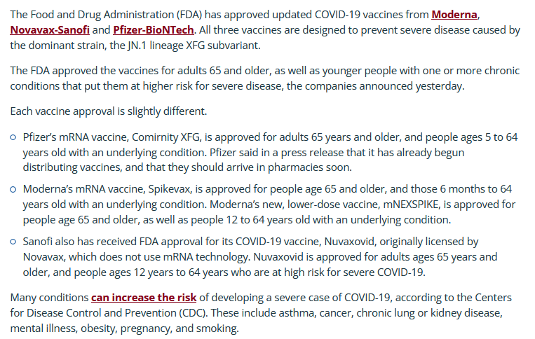 nicolasberrod's tweet photo. 🇺🇸 La FDA américaine approuve trois nouveaux vaccins #Covid19 (Pfizer, Moderna et Sanofi), pour les plus de 65 ans et les plus jeunes à risques de formes graves.
Ces 3 vaccins ont pour point commun de cibler le variant #Omicron XFG, un recombinant des lignages LF.7 et LP.8.1.2.