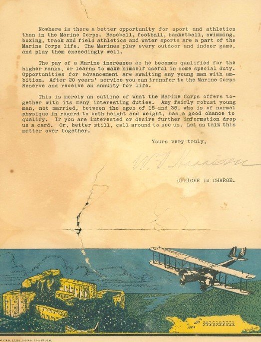 QuintusCurtius's tweet photo. A USMC recruiting letter from 1928.  Sent out to prospects.

The tone and approach are surprisingly low-key, intelligent, and rational, compared to what you see today.  You get the sense that literacy levels were higher.

[USMC Archives] https://t.co/bE0fu5hZWq