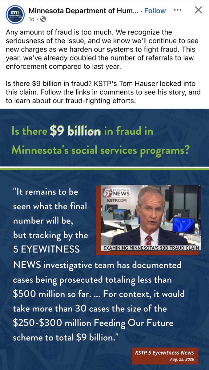MediaWatchMN's tweet photo. Here’s another example of @KSTP running cover for Minnesota Democrats in an election year.

Minnesota DHS, the agency responsible for allowing fraud to continue unchecked in Minnesota, is using a bogus KSTP article to downplay the scale of the fraud to the public.

This is just shameless. @thauserkstp uses a lack of convictions as “evidence” that there is less than $1 billion in fraud without acknowledging that convicting fraudsters takes time. A lack of convictions less than one year after the magnitude of the problem was announced cannot show the true scale of the fraud - especially when our Attorney General secretly meets with fraudsters and pledges to help them.

How much time would it take you to prosecute $9 billion in fraud, Tom? Less than one year?

This is even acknowledged by Joe Thompson in the press conference that KSTP references in the story but doesn’t even link to.

Some quotes from the press conference:

“The fraud is not small. It isn’t isolated. The magnitude cannot be overstated.”

“It’s a staggering, industrial-scale fraud.”

“The magnitude of the fraud in Minnesota cannot be overstated. It’s staggering amounts of money that have been lost.”

“Every day we look under a rock and find a new $50 million fraud scheme.”

“Our problem is unique.”

“We’re prosecuting what we can. This is far beyond the capability of a group of prosecutors.”

And finally, when asked how much of the $18 billion spent on just 14 high-risk programs in the last few years is fraudulent:

“I don’t make these generalizations in a hasty way. When I say a significant amount, I’m talking on the order of half or more… I see more red flags than legitimate providers, and overwhelmingly so.”

With propaganda like this, it’s no wonder Democrats keep winning elections.