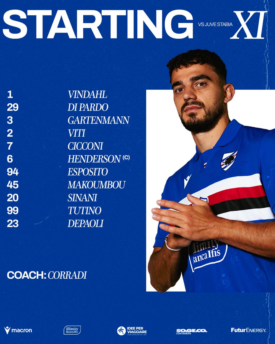 sampdoria's tweet photo. Le scelte iniziali di mister Corradi per #SampJuveStabia 💪🏻

🔵⚪🔴⚫⚪🔵 https://t.co/qZ9mr3rwPF