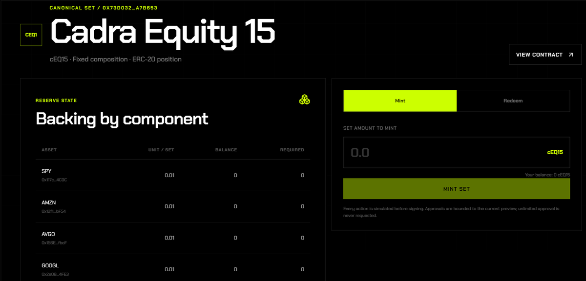 CadraApp_'s tweet photo. Cadra Equity 15 (cEQ15) is now onchain.

15 RWA components.
0.01 token unit per component.
25 bps issuance fee.
25 bps redemption fee.
Canonical through CadraSetFactory.

Structure is no longer just the thesis.

It’s onchain. https://t.co/WTY4Oe7wcX