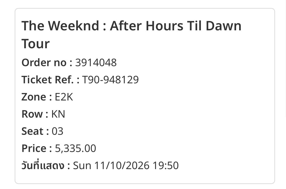 OobWNP2002's tweet photo. ปล่อยต่อค่ะ
ปล่อย 5,335 (ไม่อัพเพิ่ม) 
วันที่ 11 oct  
โซน E2K 
ทักมาถามก่อนได้นะคะ พร้อมโอนลดได้ค่ะ🥹
นัดรับชนมือ btsสีเขียว mrtสีน้ำเงิน
#AfterHoursTilDawnTourBKK
#TheWeekndLiveInBangkok
#theweekend https://t.co/0KJgRAi9Bh