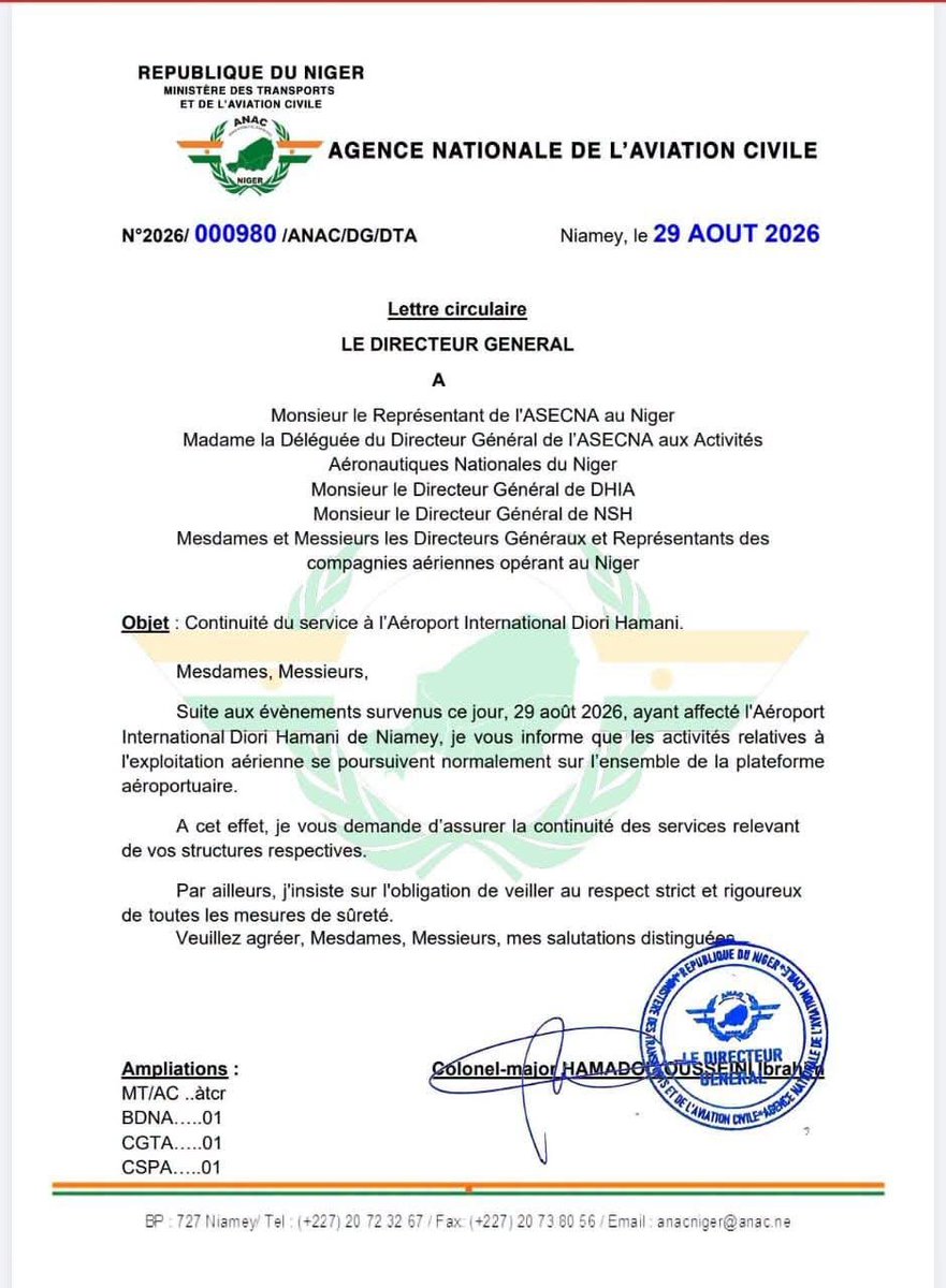sahelbrut's tweet photo. 🇳🇪 NIGER | SITUATION SOUS CONTRÔLE 🚨

La situation évolue favorablement. Tout est sous contrôle et les vols ont repris à l’aéroport international Diori Hamani. ✈️🇳🇪 https://t.co/tWn1khuJQC