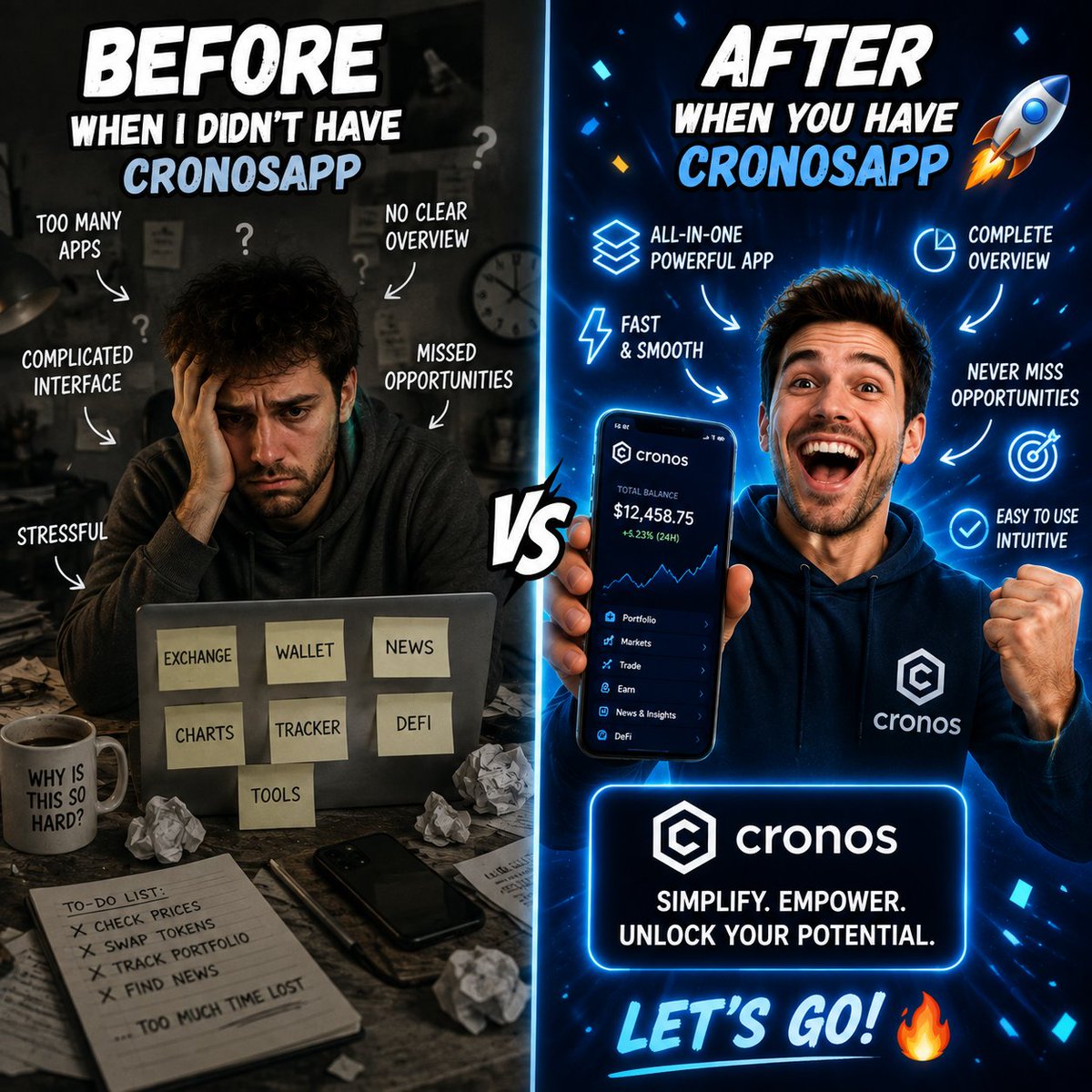PomoCrypto's tweet photo. Before, when I didn’t have @cronosapp…
and…
Now that I have @cronosapp 🚀💙
#cronos #crofam #cro #crofam https://t.co/8jM5Z4fMuc