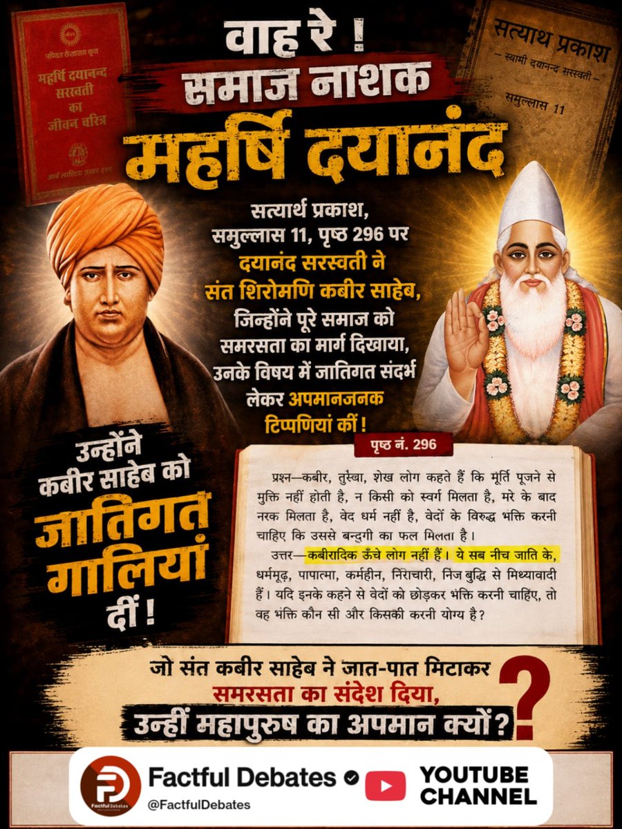 karol_rameshwar's tweet photo. #वाहरे_समाज_नाशक_महर्षिदयानंद
सत्यार्थ प्रकाश समुल्लास 4 पृष्ठ 95 से 101, दयानंद जी द्वारा बताई गई नियोग व्यवस्था अर्थात पशु तुल्य कर्म से भरा पड़ा है।जिसमें लिखा है कि एक स्त्री आवश्यकता पड़ने पर 11 पुरुषों से और पुरुष 11 स्त्रियों से नियोग (दुष्कर्म) कर सकता है
Factful Debates https://t.co/tYjly6URqK