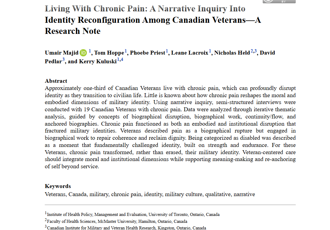 AFS_SAGE's tweet photo. New in #OnlineFirst! Living With Chronic Pain: A Narrative Inquiry Into Identity Reconfiguration Among Canadian Veterans—A Research Note - Umair Majid (@majiduma), Tom Hoppe, Phoebe Priest, Leane Lacroix, Nicholas Held, David Pedlar, Kerry Kuluski (@Dr_KerryK) 2026 #OpenAccess https://t.co/UOlMIfjZe8