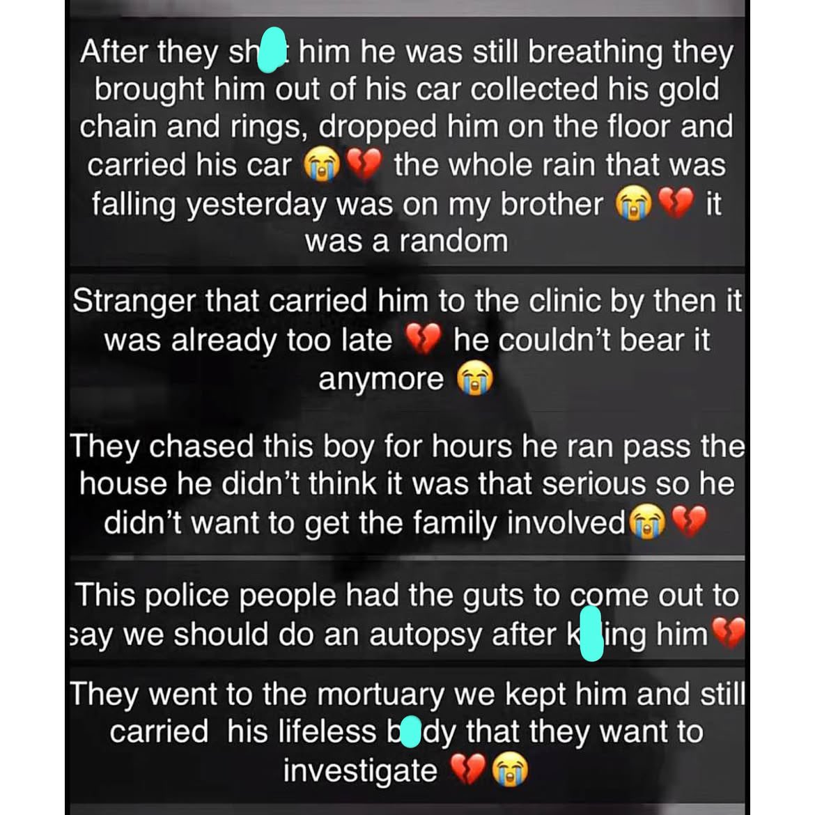 instablog9ja's tweet photo. Family Demands Justice After Their Son Was Allegedly Sh%t De@d By Police Officers In Port Harcourt 

Anthony, a young man, was allegedly sh%t d+ad by police officers on Friday, August 29, along Agip by Ada-George Road in Port Harcourt, Rivers State, leaving his family demanding justice. 

According to his sister, Anthony was driving a Lexus when he was allegedly chased by police officers before being sh%t. She claimed that he was still breathing after the sh%%ting, but the officers allegedly pulled him out of the vehicle, removed his gold chain and rings, abandoned him on the road in the rain and drove away in his car. 

Anthony was reportedly later discovered on the road by a passerby, who rushed him to a hospital. However, he was said to have d+ed from his inj¥ries. 

Following his d+ath, youths reportedly stormed a police station to protest, demanding answers over the circumstances surrounding the shooting. 

As tensions grew, police officers visited Anthony’s family home to appeal for calm. A video from the visit showed a crowd booing the officers as they attempted to speak with the grieving family. 

The police reportedly said an autopsy would be conducted to determine the circumstances surrounding Anthony’s d+ath. The statement, however, reportedly angered members of the public, with some questioning why an autopsy was necessary when the gunsh%t w%unds were reportedly visible on his body. 

Anthony’s sister has continued to call for justice, accountability and clear answers over what happened to her brother.