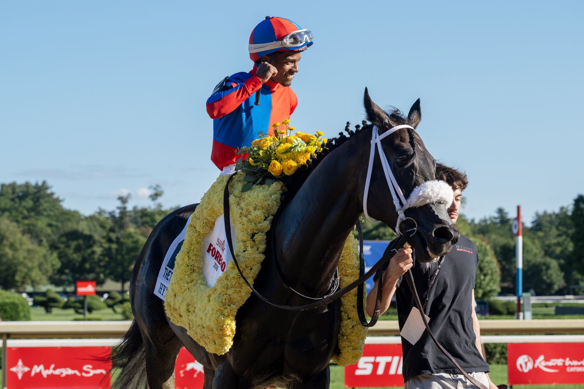 EricaPhotog's tweet photo. Hymn, trained by Ron Moquett and ridden by Ricardo Santana, Jr., wins the Grade I Forego Stakes on #TraversDay #SaratogaRaceCourse #Saratoga https://t.co/GIzV6xRaac