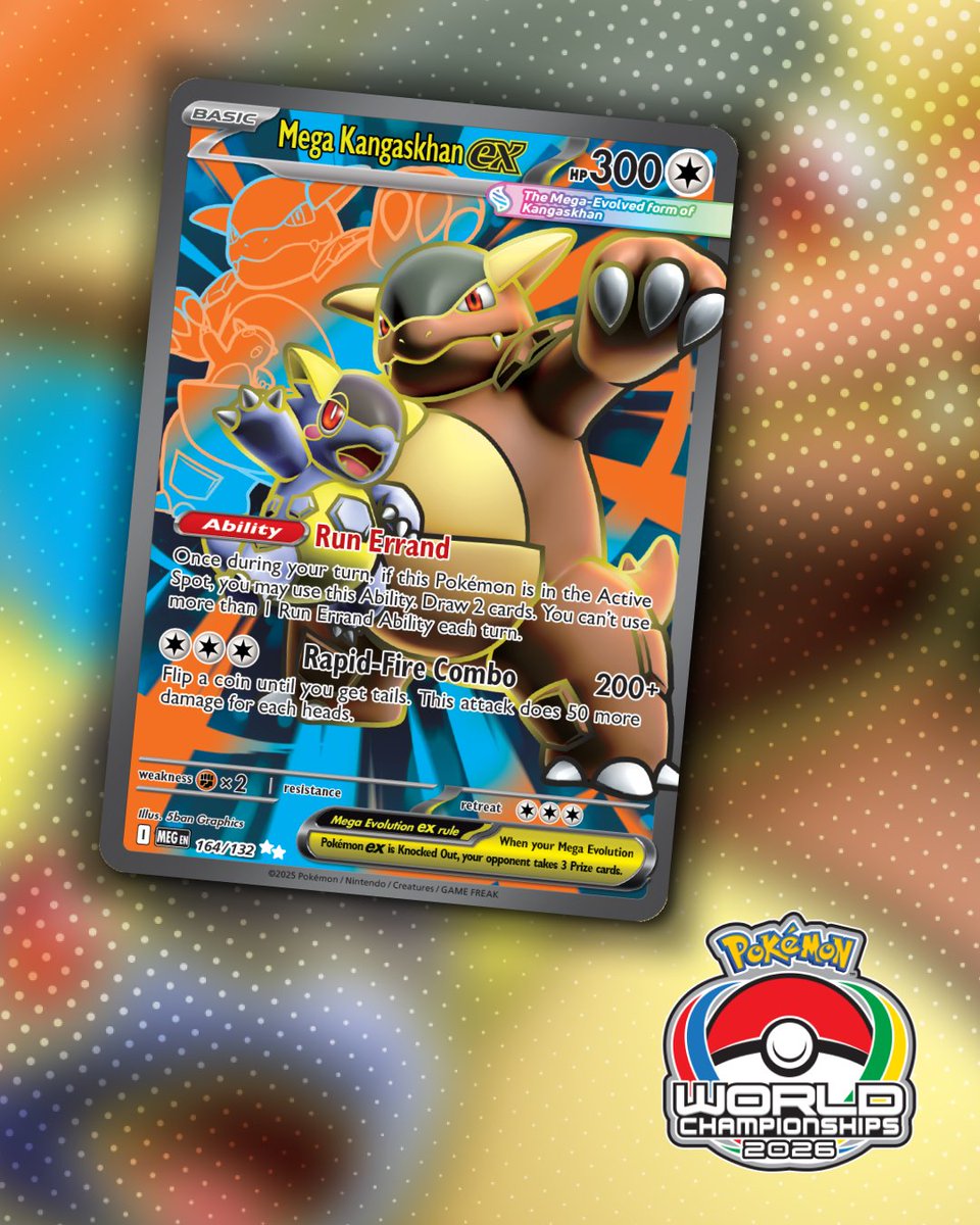 PokemonTCG's tweet photo. Feeling lucky? Well, are ya?

Mega Kangaskhan ex leaves things up to fate with Rapid-Fire Combo. Flip a coin until you get tails and deal an extra 50 damage for each heads, on top of the 200 base damage! 🪙

#PokemonWorlds #PokemonTCG https://t.co/AO1kDhgokw