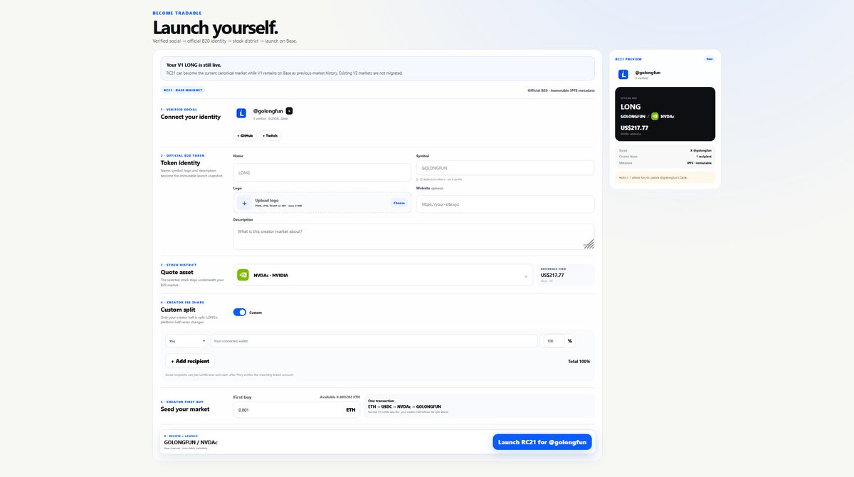 golongfun's tweet photo. For the first time on @base mainnet, SocialFi + MemeFi + friend key sharing + fee sharing is live.

You can now launch any token with your preferred name, symbol, and website. Fee sharing is enabled.

For the first time, multiple fee-share MemeFi + SocialFi platform contracts are active. 

Use our launch wizard and share fees to anyone’s wallet, X account, or GitHub.