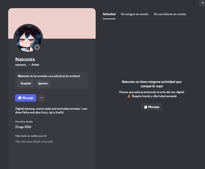 naiconix's tweet photo. Hola buen dia :D

hay un perfil de discord que se esta haciendo pasar por mi persona. Tengan mucho cuidado! les pido que puedan reportar esa cuenta, Muchas gracias https://t.co/FaiHZY9iDq