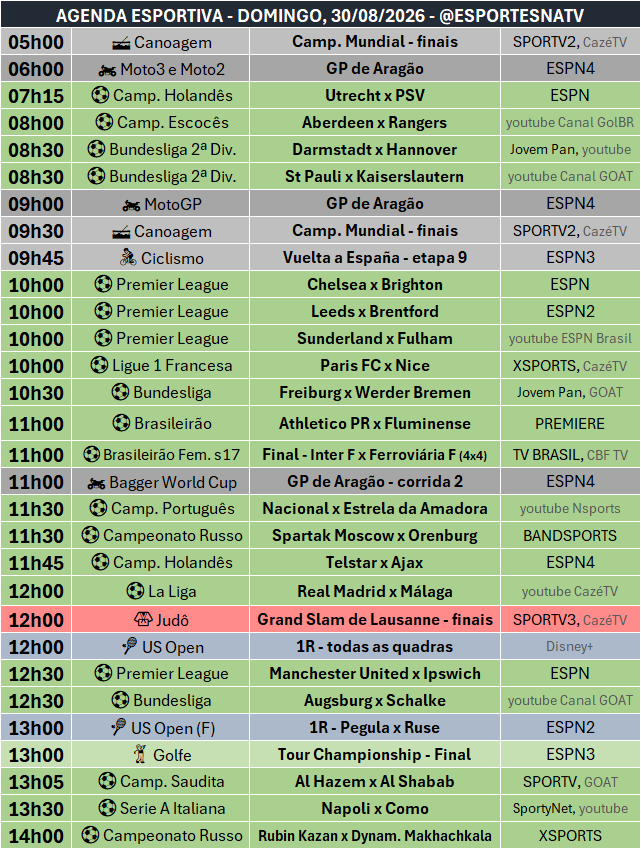 EsportesNaTV's tweet photo. A agenda esportiva deste DOMINGO (30/08/2026) https://t.co/3ZJbPVgOR4