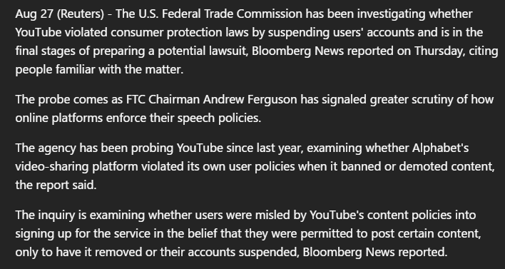Sevvy_707's tweet photo. FTC is investigating @YouTube  for its practices of suspending users left and right.  Bloomberg News reported a lawsuit might be filed against Youtube.  

About damn time? Or did the FTC get it wrong? https://t.co/WAiyIYjycK