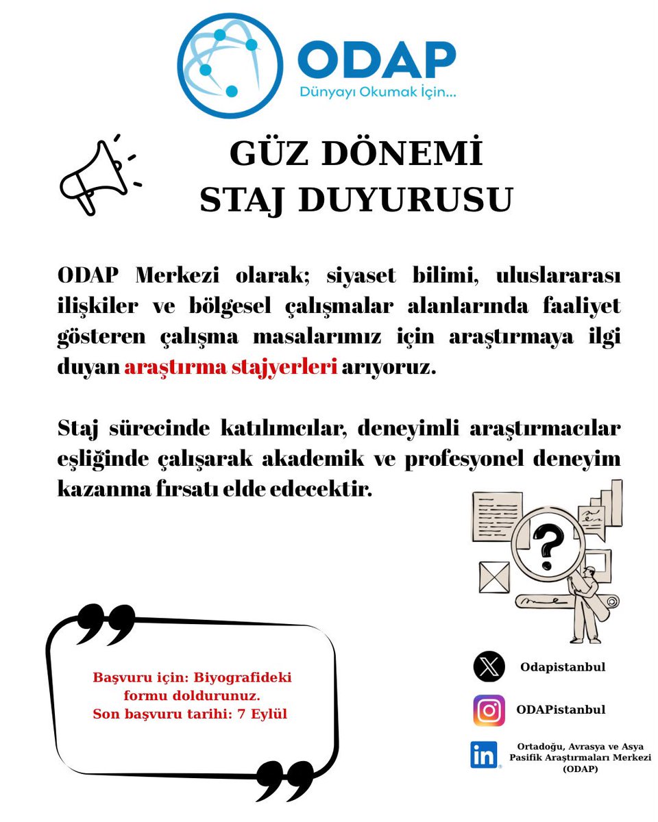 ODAPistanbul's tweet photo. 🌍 Dünyayı anlamaya, g��ndemi takip etmeye ve kendini geliştirmeye meraklı mısın?

Uluslararası İlişkiler disiplini üzerine daha fazla şey öğrenmek, güncel gelişmeleri farklı perspektiflerden değerlendirmek ve alanında kendine yeni bir yol çizmek istiyorsan, ODAP Merkezi Güz Dönemi Staj Programı seni bekliyor!

Yeni bilgiler öğrenmek, kendini geliştirmek ve ilgi duyduğun alanlarda çalışmalar yapmak için sen de başvurunu yap!

📌 Başvurular ve daha fazla bilgi için: https://t.co/gZstpQeXkP