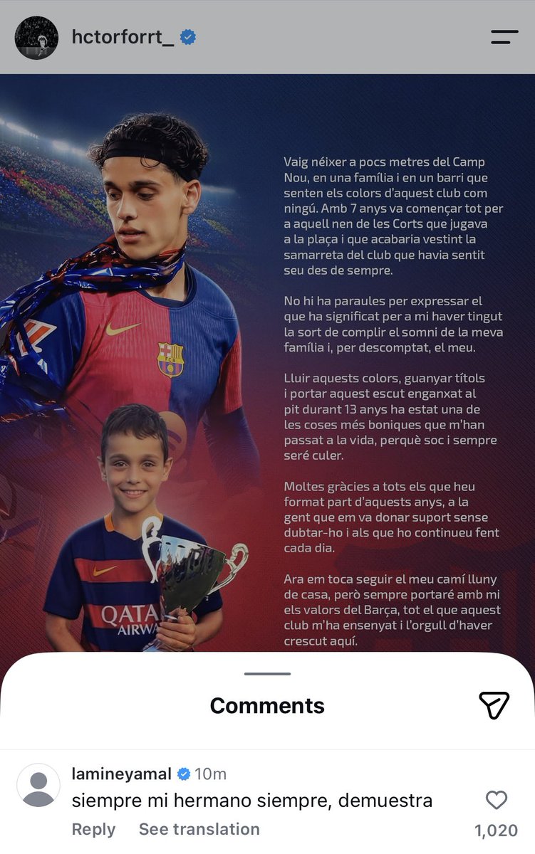 AccessYamal's tweet photo. 📲 | Lamine Yamal commented on Héctor Fort’s farewell message post on IG: "always my brother always, show it" https://t.co/LvespJWVQ8