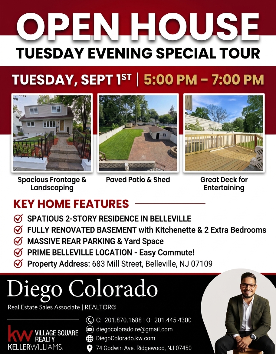 EstateDiego's tweet photo. 🚨 TUESDAY OPEN HOUSE IN BELLEVILLE, NJ! 🚨

Sept 1st, from 5:00 PM – 7:00 PM 

✨ Fully renovated basement (kitchenette + 2 beds) 🚗 Massive rear parking &amp; yard space
📍 683 Mill St, Belleville, NJ 07109

Contact Diego Colorado: 📲 (201) 870-1688 | diegocolorado.re@gmail.com https://t.co/HRWjiZWBq1