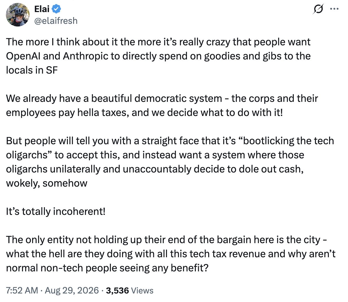 theojaffee's tweet photo. People often ask why today's tech wealth doesn't go towards more public works, like libraries, universities, and museums during the late 1800s. As far as I can tell the answer is that they would literally not be allowed to be built.

In 2014, George Lucas, a long-time Bay Area resident who built Lucasfilm in the Bay, wanted to build a museum in the Presidio as a gift to the people of San Francisco, to be personally funded to the tune of ~$700 million. The Presidio Trust rejected it. He then tried to build it in his wife's hometown of Chicago, but local nonprofit Friends of the Parks sued and held the project up for two years, long enough for Lucas to give up on the city. The Lucas Museum of Narrative Art will finally open in Los Angeles next month after more than a decade of planning, eight years of construction, and over $1 billion personally spent by Lucas.

Meanwhile, San Francisco has built no major museum projects since the 2016 expansion of SFMOMA, and no new libraries since the North Beach Branch in 2014. Public works, like so many other things, are bottlenecked not by donor will or available funding but by vetocracy