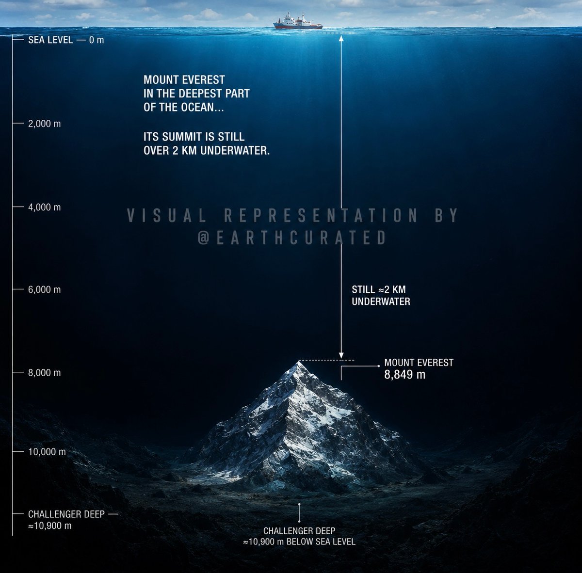 earthcurated's tweet photo. Mount Everest is 8,849 metres tall.

Drop the entire mountain into the deepest known part of the ocean and its summit would still be more than 2 km below the surface. That’s how deep the Mariana Trench really is. https://t.co/PCJUl2z0w1