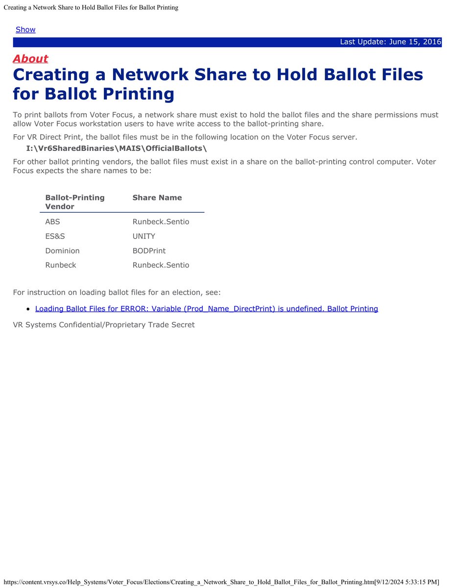 PeterBernegger's tweet photo. 50/ Critical Election Infrastructure: epoll book company VR Systems' own manual says Voter Focus/EViD uses a network share with WRITE ACCESS on ballot-printing systems tied to:

ES&S → UNITY      
Dominion → BODPrint

These were not isolated systems. The documented architecture connected election infrastructure together. 

These epoll books are used in 8 states. Tweets 45/ and 46/ name the states. source: @immutablechrist  @EagleEdMartin