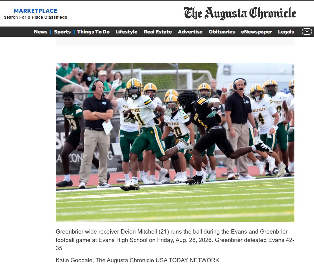 DeionMitchell21's tweet photo. Game #2 in the books. Making the paper on offense too 📰 Perfect ball from my QB @CalvinPollard28 

#21 CB/WR — Greenbrier Wolfpack

#2029Recruit #GAFootball #GHSAFootball https://t.co/z7WmPR8xP1