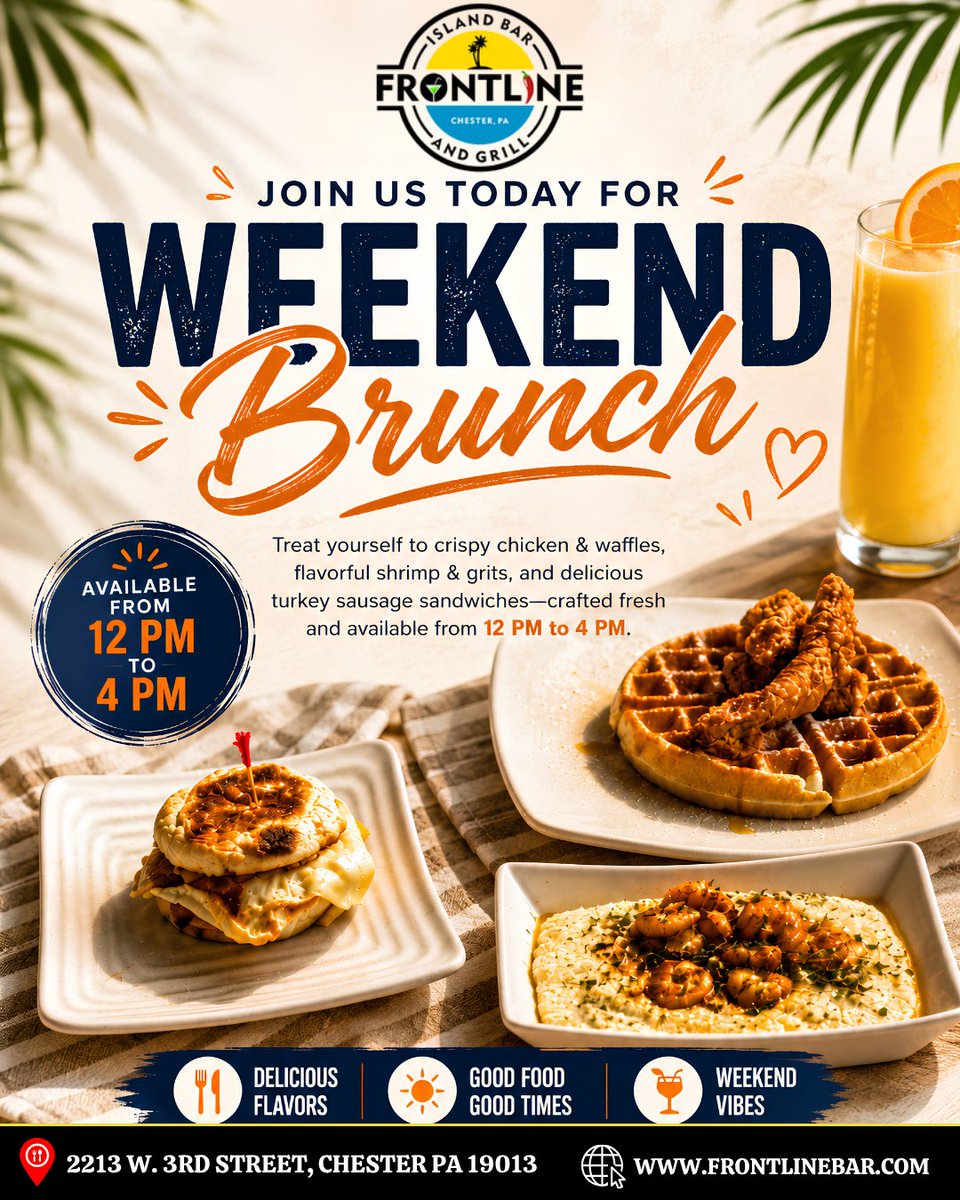 FrontlineBar's tweet photo. Your weekend plans just got a whole lot tastier!

Skip the usual routine and bring your appetite to Frontline for a laid-back afternoon filled with delicious food, refreshing drinks, and island vibes.
🌐 https://t.co/wDcHMpRvhS

#FrontlineIslandBar #WeekendEats #BrunchVibes #Ches https://t.co/2b5n07CY9O