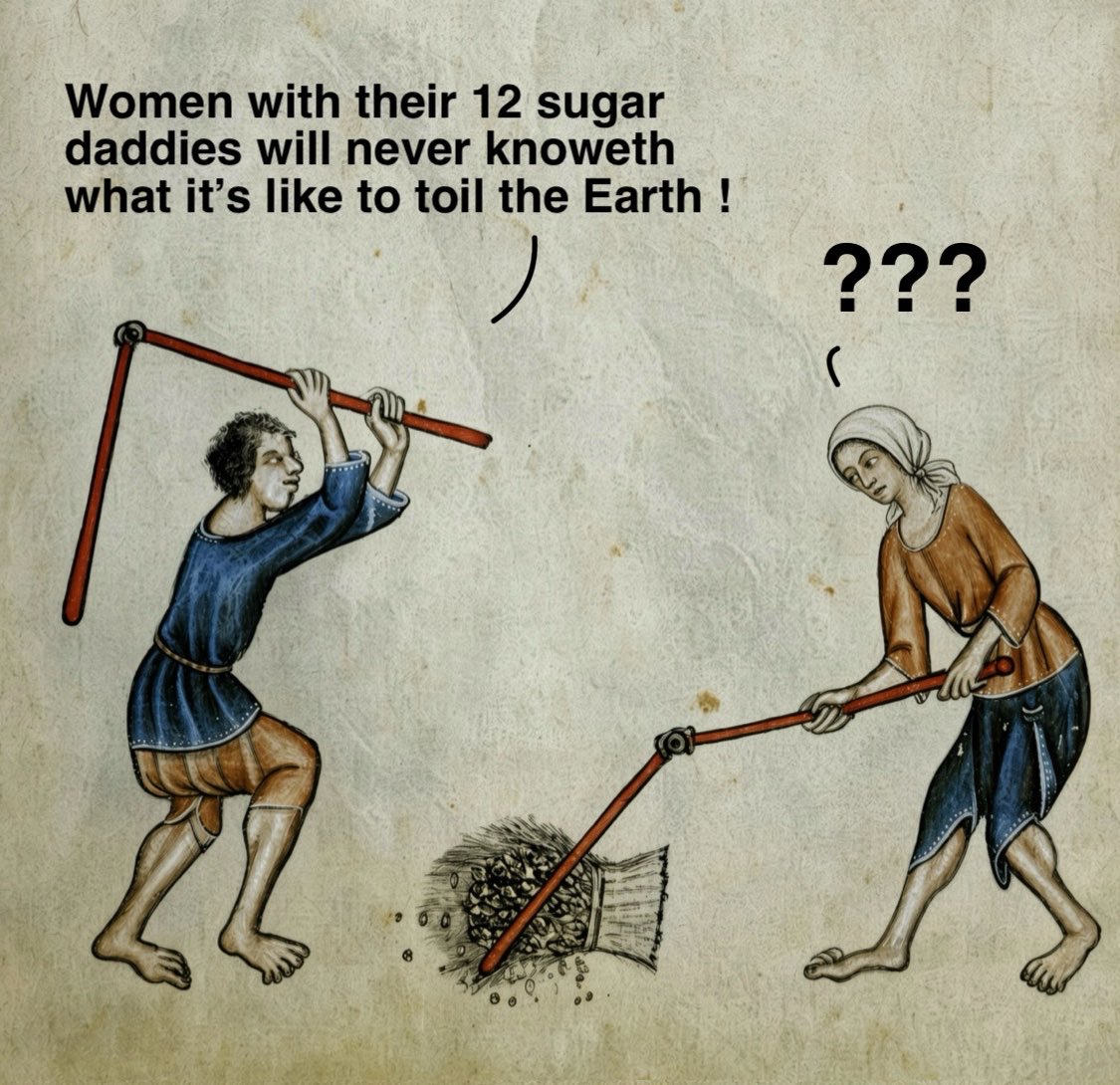 radfemsiren's tweet photo. Men are so funny because it’s like do you not have sisters and mothers? Do you not see us toil away in misery right next to you every day? What is this fantasy we are all rich OF models and influencers? https://t.co/oBezx62TbC