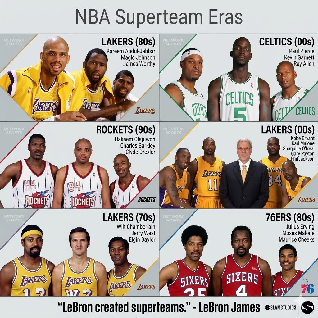 FyfSports's tweet photo. LeBron James didn’t create superteams. You’ve been lied to. 🧵The media wants you to forget what happened before 2010.

Look at this graphic closely. One of these teams actually completely ruined the competitive balance of the NBA, but nobody wants to admit it.

Which era was the biggest cheat code? Let’s argue in the comments 👇