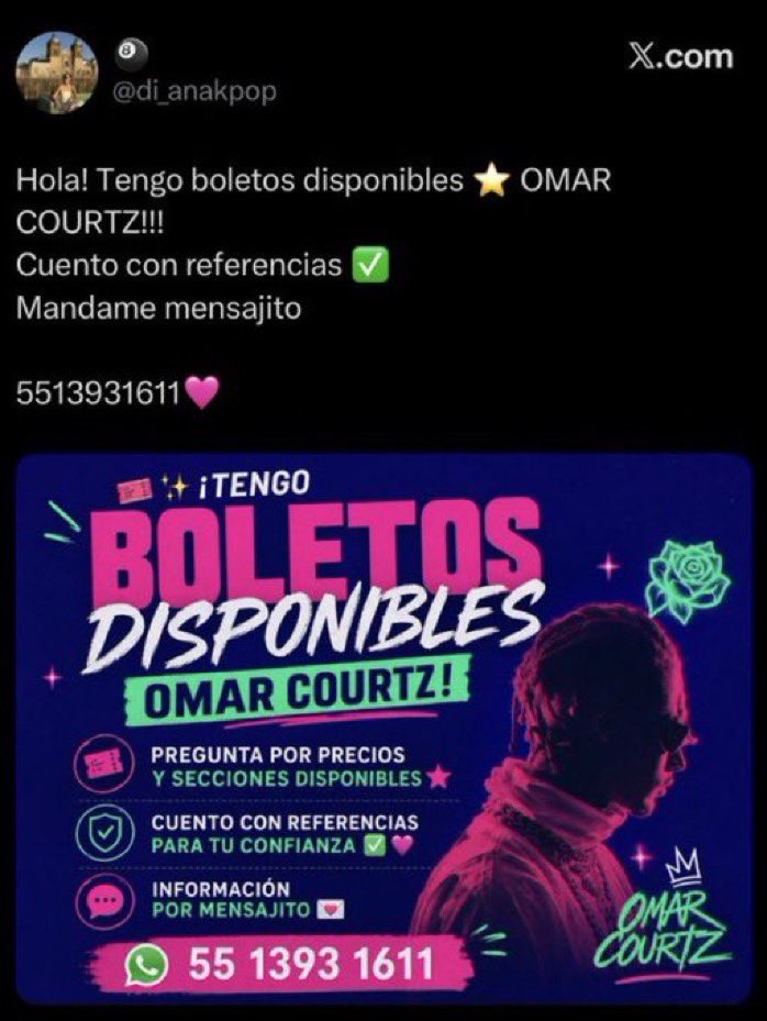 MtraShifu's tweet photo. ALERTA ESTAFA

LA CUENTA @di_anakpop ESTAFA CON BOLETOS DE OMAR COURTZ, ROSALÍA Y MÁS

YA TIENE REPORTES, SOLO BUSQUEN POR EL NÚMERO 5513931611

HASTA USA MÁS NOMBRES
NO TIENE BOLETO https://t.co/kHpt7qPUf4