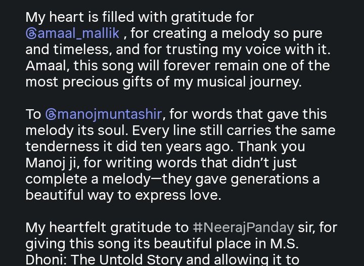 Sikha1385956's tweet photo. Such a sweet caption by @palakmuchhal3 🤍

she has thanked every artist involved in the song
✨
#AmaalMallik #10YearsOfKaunTujhe https://t.co/DW6yG8UuqV