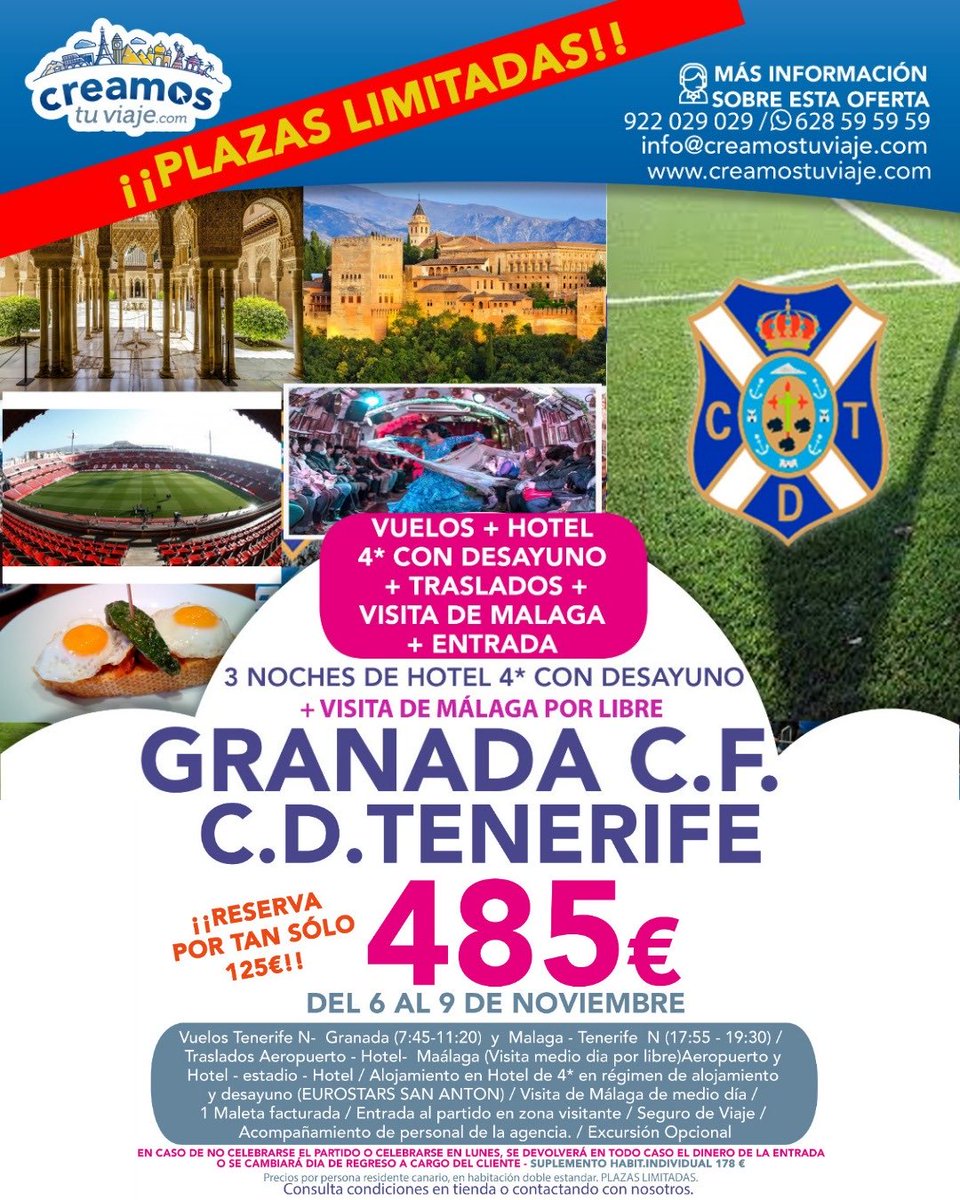 creamostuviaje's tweet photo. ⚽💙 Nuevo destino para acompañar al @cdtoficial

📍𝗚𝗥𝗔𝗡𝗔𝗗𝗔

✈️ Del 6 al 9 de noviembre
🏨 Hotel 4★ + desayuno
🚌 Traslados
🌴 Visita a Málaga
🎟️ Entrada
👥 Acompañamiento
💥 485 €

🔒 Reserva por 125 €
⚠️ ¡PLAZAS LIMITADAS!

📲 628 59 59 59

#NosVamosConCreamos https://t.co/eEYC5jdrSN