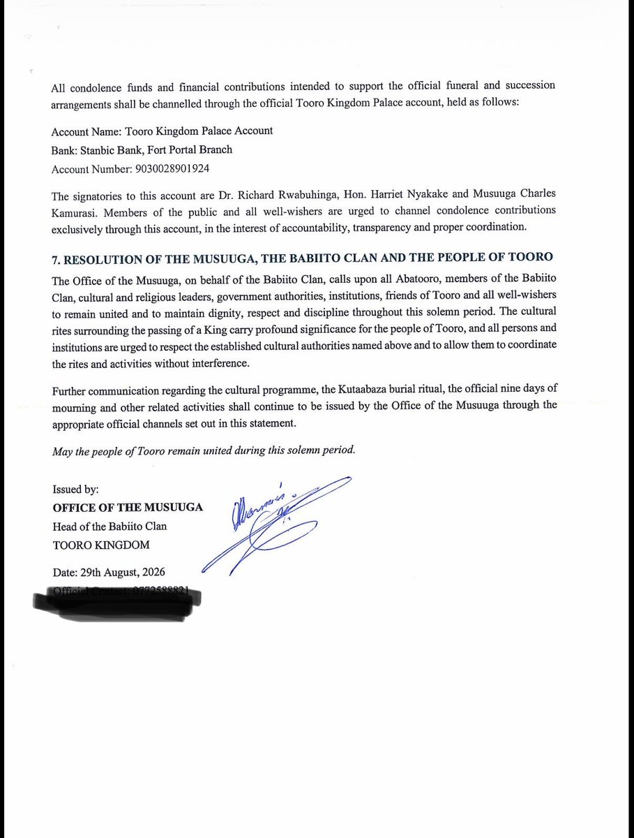 qataharraymond's tweet photo. Please take note of the official communication regarding the last funeral rites of Omukama Oyo Nyimba Kabamba Iguru Rukidi IV and the succession and ascension to the throne there after… https://t.co/glRsFtVrts