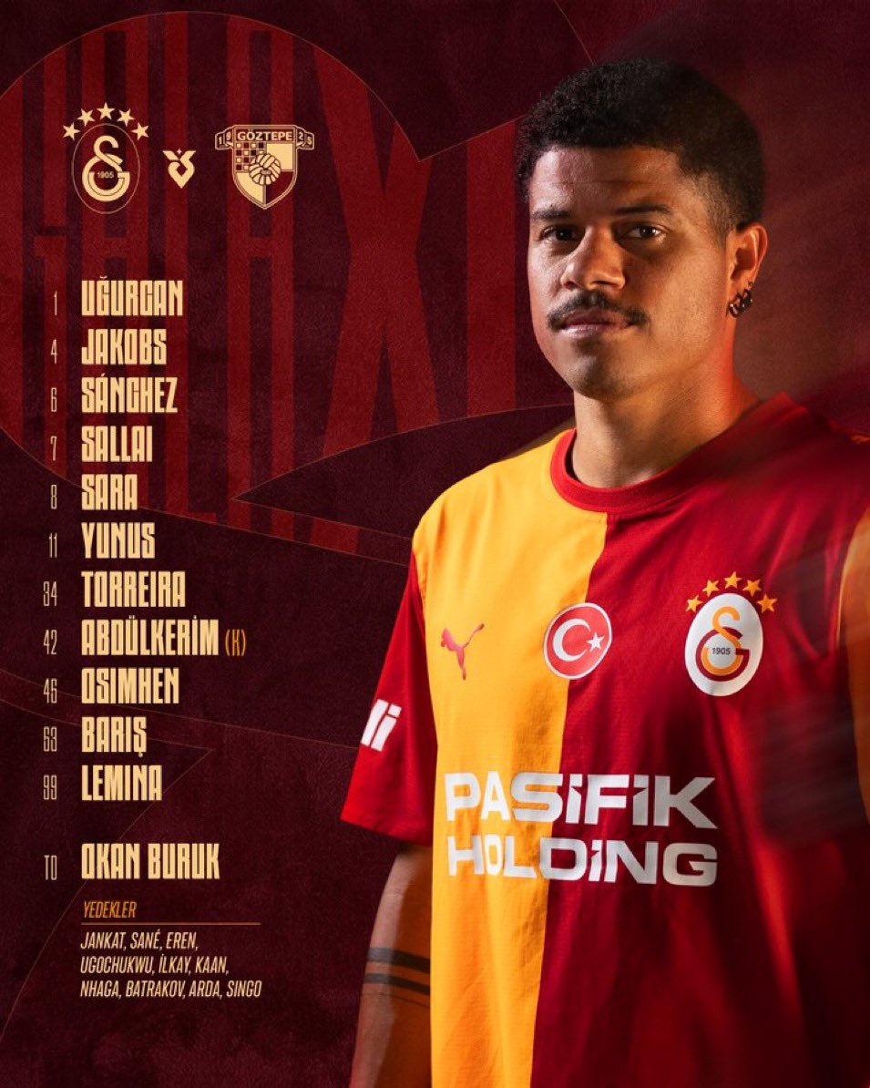 gundem6tr's tweet photo. Trendyol Süper Lig’in 3. haftasında karşılaşacak Galatasaray ve Göztepe’nin ilk 11’leri belli oldu. https://t.co/S6i9Gevmzi