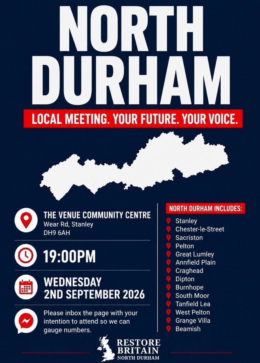 RestoreNDurham's tweet photo. 🇬🇧 NORTH DURHAM — COME AND HAVE A NATTER.

No waffle. No lectures. No nonsense.

Cuppa. Questions. Find out what Restore Britain is actually about.

We’re not looking for career politicians. We’re looking for ordinary people. Workers. Grafters. Parents. Business owners. Your neighbours.

People who’ve had enough of shouting at the telly and are ready to do something.

📍 The Venue Community Centre, Stanley
📅 Wednesday 2 September
⏰ 7pm

Politics has had enough politicians. Maybe it’s time the people had a go. 🇬🇧