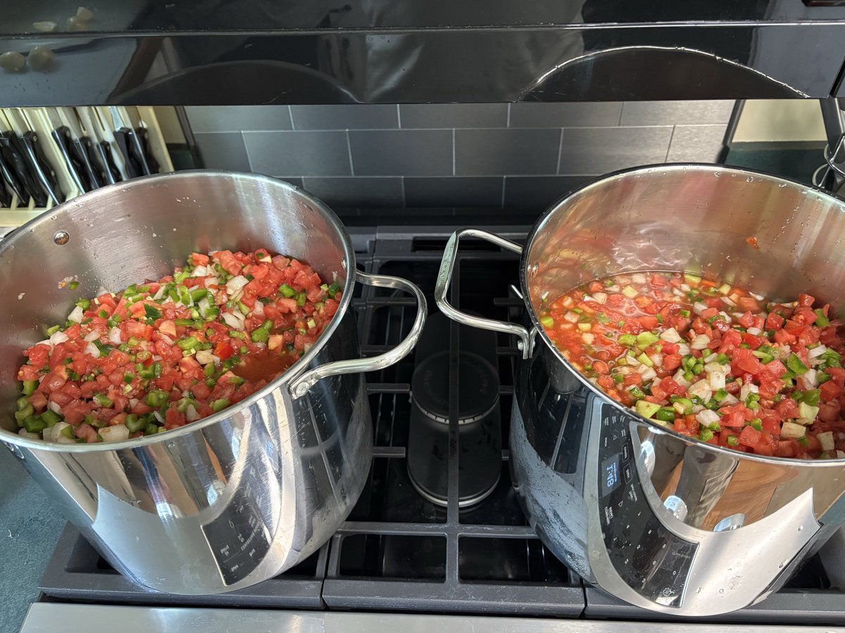 BobFlintoid's tweet photo. One batch of mild. One batch of medium. 
I love the smell of cooking salsa https://t.co/33leXkDmI2