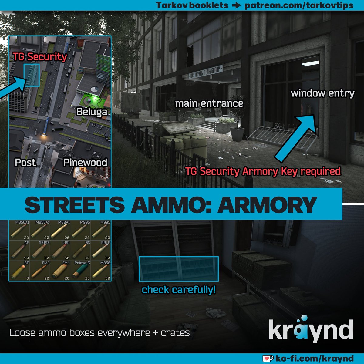 tarkovtips's tweet photo. Another place on Streets to refill your ammo boxes. Make sure to check the bottom compartments of the weapon racks, that's where the good stuff is usually hidden. https://t.co/90Qt4suuXA