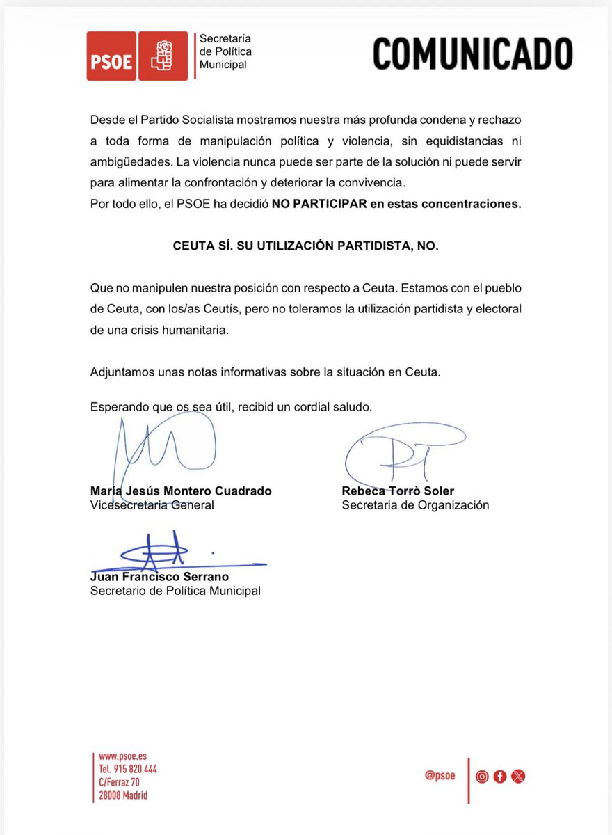 jcelayab's tweet photo. Aquí tienes la clave, Fran. El PSOE ha decidido boicotear el apoyo a #Ceuta. Que cada cual saque sus conclusiones. https://t.co/wMAOxuB5Eu