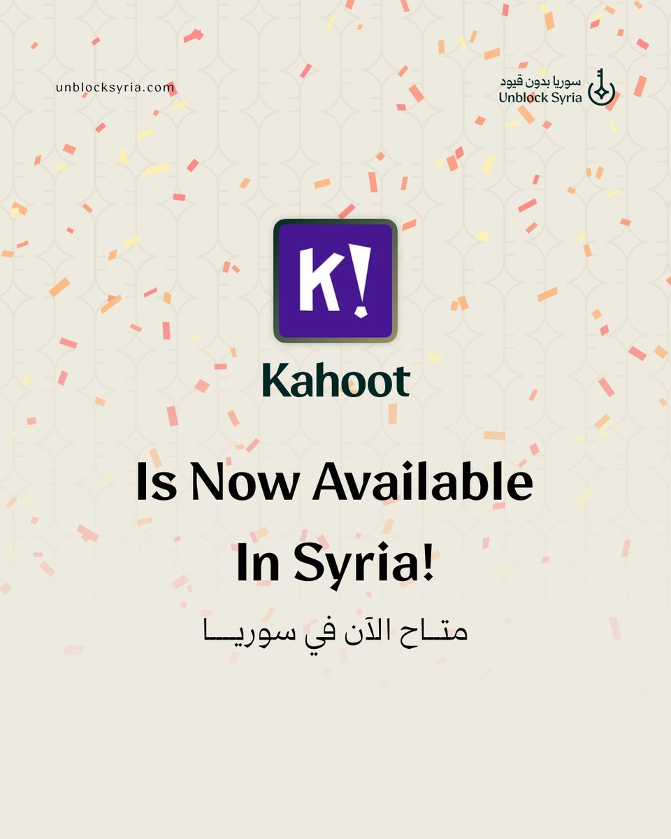 unblocksyria's tweet photo. Kahoot is now available in Syria! 🇸🇾

Thank you to the Kahoot team for making its services available to users in Syria and for taking a step toward opening more digital doors for Syrians.🤝

@Kahoot

#UnblockSyria #Kahoot https://t.co/lCma55kuDa