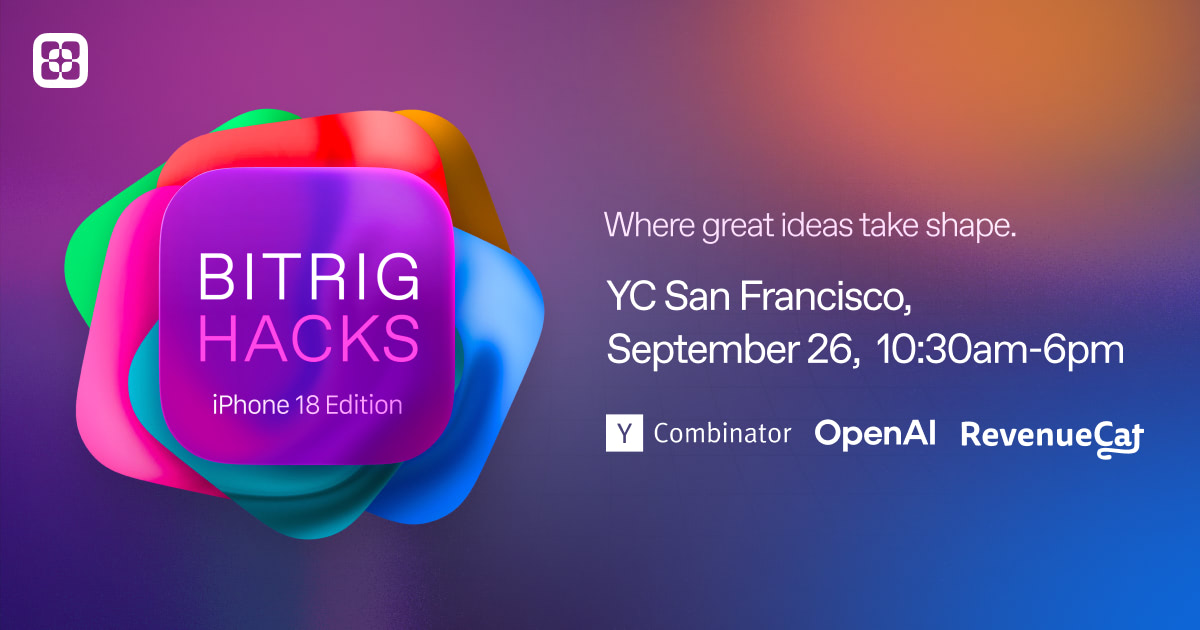BitrigApp's tweet photo. We had so much fun during our inaugural Bitrig Hacks in June that we're doing it again! Join us in San Francisco on Saturday, September 26 for Bitrig Hacks: iPhone 18 Edition.

Register now to save your spot. More details (including prizes!) coming soon!

https://t.co/POI2iMlRGN https://t.co/vHkPddJ92N
