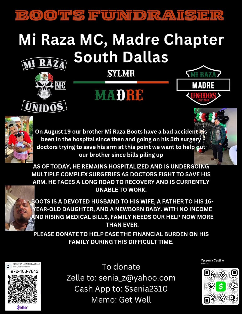 AdreanaCDlr's tweet photo. Our brother was in an accident last Wednesday and doctors are still trying to save his arm. If yโall can find it in yalls hearts to donate or even simply share this, it would be much appreciated.โค๏ธ๐๐ฝ
#getwell ##SYLMR #madre #familia https://t.co/AmdGOWsWd8