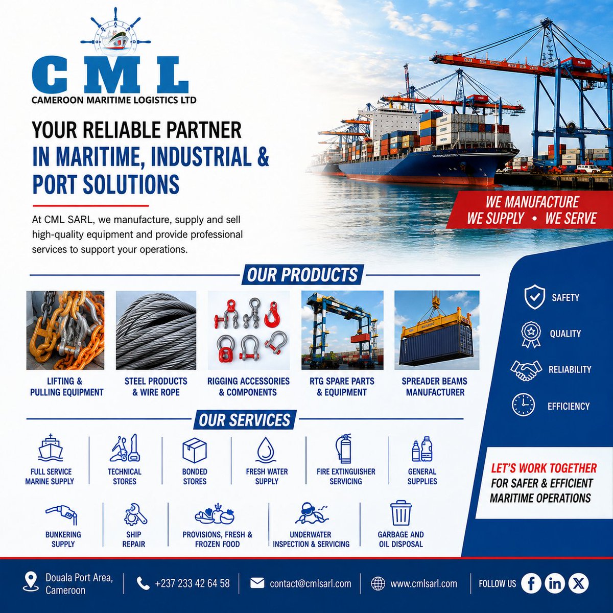 CMLSARL237's tweet photo. ⚓ MARINE &amp; INDUSTRIAL EQUIPMENT YOU CAN RELY ON
At CML SARL, we manufacture, supply and sell:
🔩 Ratchet Load Binders
🔗 Lever Load Binders
🪝 Rigging &amp; Lifting Equipment
🚨 Marine Life-Saving Equipment
📡 EPIRB &amp; SART
📻 Marine Communication Radios
⚓ Ship &amp; Technical Supplies https://t.co/VgZqPoQwPQ