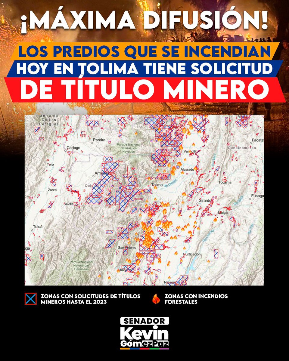 ckevingomez's tweet photo. Abelardo, dígale la verdad al país: los incendios en el Tolima no son accidentes climáticos, coinciden y se aproximan a los predios con solicitudes de títulos mineros, las Áreas de Protección para la Producción de Alimentos (APPAS) y las reservas campesinas.

El país debe tener estos datos: el departamento enfrenta una presión extractiva de 552 títulos y 655 solicitudes mineras que acaparan más de 767.000 hectáreas, más 374.000 hectáreas proyectadas para fracking. Esto pone bajo amenaza a 311.778 hectáreas de especial importancia ambiental: el 31,7 % de toda la riqueza ecológica del Tolima.

Quemar el Bosque Seco Tropical y la tierra agrícola según los hechos recientes estaría configurando la trampa criminal para despojar al territorio de su protección legal, justificar la derogatoria de las APPAS que usted anunció y abrirle paso a la especulación inmobiliaria y minera. Exigimos de inmediato a la @ANMColombia la congelación inmediata de toda titulación en áreas incineradas, el fuego no va a ser la herramienta para legalizar un posible despojo corporativo.