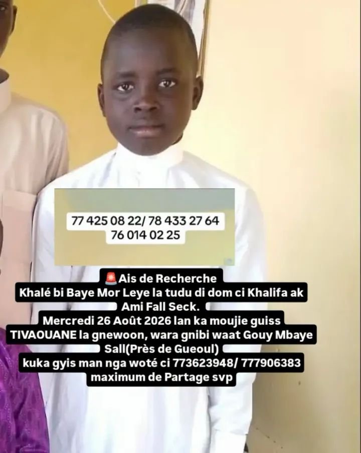 Avis_Senegal's tweet photo. 🚨Ais de Recherche 
Khalé bi Baye Mor Leye la tudu di dom ci Khalifa ak Ami Fall Seck. 
Mercredi 26 Août 2026 lan ka moujie guiss
TIVAOUANE la gnewoon, wara gnibi waat Gouy Mbaye Sall(Près de Gueoul)
kuka gyis man nga woté ci 773623948/ 777906383
maximum de Partage svp https://t.co/t0MB63DCBf